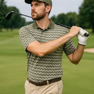 Vtg Y2K Natural Issue Zig Zag Pattern Polo Shirt L Green Gray 100% Cotton Active